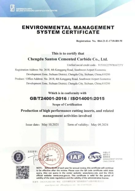 China Chengdu Santon Cemented Carbide Co., Ltd certification